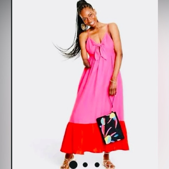 Tie-Front Midi pink & red linen Dress - Tabitha Brown boho spring bow maxi - Picture 1 of 9